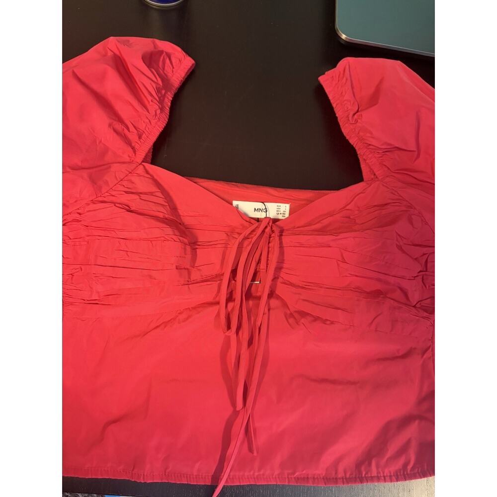 MANGO Hot Pink Ruched Crop Top Small NWT Fitted Y2K Chic Puff Sleeve Barbiecore - Picture 13 of 16